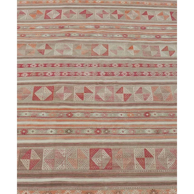 Measures: 4'10 x 6'6 Colorful Turkish Vintage Embroidered Kilim with Stripes and Geometric Motifs. Keivan Woven Arts / rug...