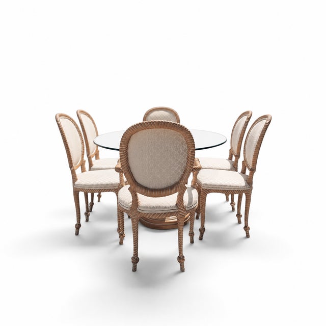 Vintage Carved Wood Oval Glass Dining Set With Six Upholstered Chairs For Sale - Image 11 of 18