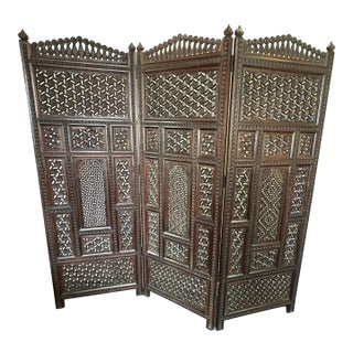 1960's Moroccan Style Pierced Wood 3-Panel Floor Screen For Sale