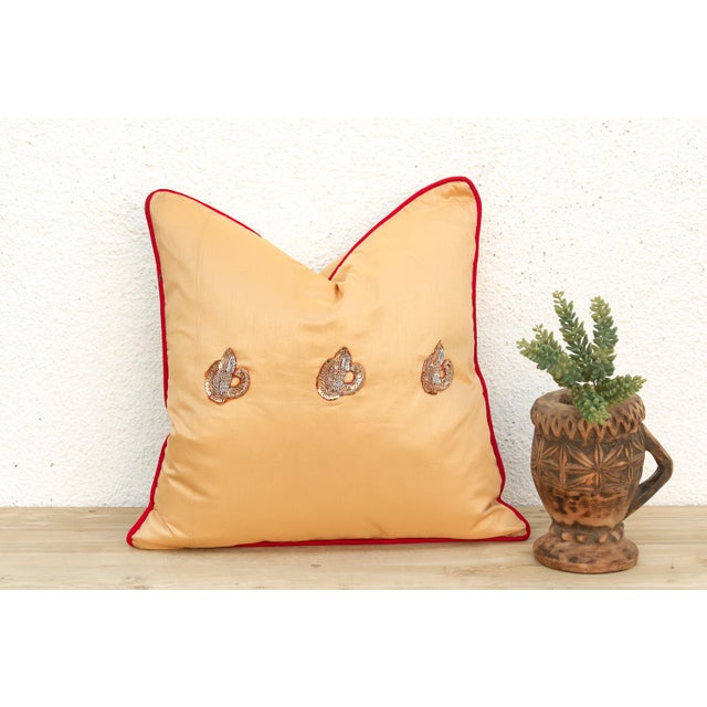 Textile Naz Silk Blend Gold Zardozi Silk Pillow, Peacock Motif For Sale - Image 7 of 7