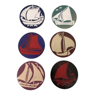 Mid Century Modern Enameled Ships Coasters Set of 6 For Sale