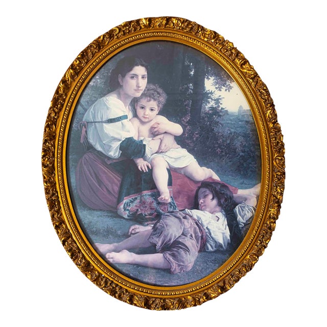 Vintage French Victorian Style Bouguereau Art Print in Ornate Oval Gilt Frame For Sale