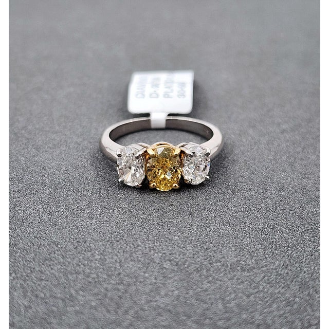 Early 21st Century 2.21 Ct Gia Certified Three-Stone Oval Yellow & White Diamond Ring Size 6.5 For Sale - Image 5 of 10