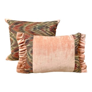 Custom-Made Designer, Flame Stitch Tapestry and Cotton Velvet Down-Filled Pillows. Green, Blue, Pink. Set of Two. For Sale