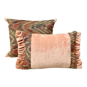 Custom-Made Designer, Flame Stitch Tapestry and Cotton Velvet Down-Filled Pillows. Green, Blue, Pink. Set of Two.