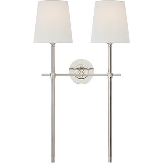 Thomas O'Brien for Visual Comfort Signature Bryant Large Double Tail Sconce in Polished Nickel with Linen Shades For Sale