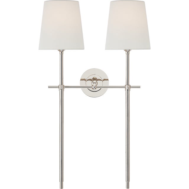 Thomas O'Brien for Visual Comfort Signature Bryant Large Double Tail Sconce in Polished Nickel with Linen Shades For Sale