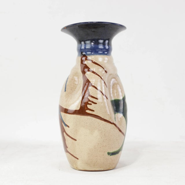 Vintage Handcrafted Pottery Vase With Abstract Glaze Design and Flared Rim For Sale - Image 14 of 14
