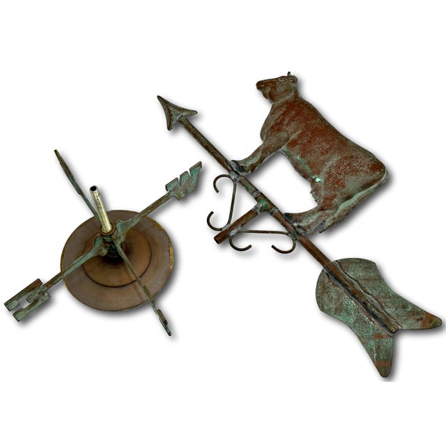 Very Decorative Vintage Mid Century Copper & Brass Cow Weathervane With Wind Directional - Mounted for Display For Sale - Image 11 of 12