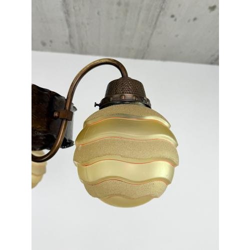 1920s Art Nouveau Brass 3-Arm Chandelier with Scalloped Glass Shades, 1920s For Sale - Image 5 of 9