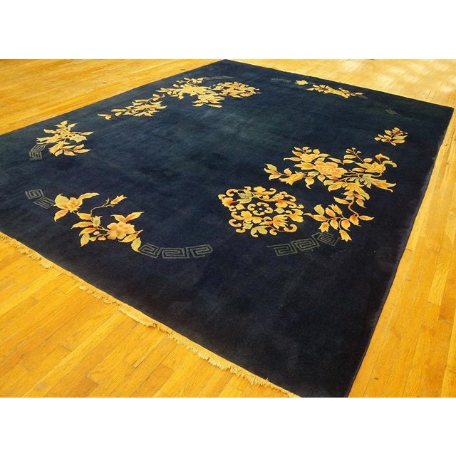 1930s 1930s Blue Navy Floral Modern Antique Chinese Art Deco Carpet 8'10" X 11'8" Handknotted Wool Rug For Sale - Image 5 of 12