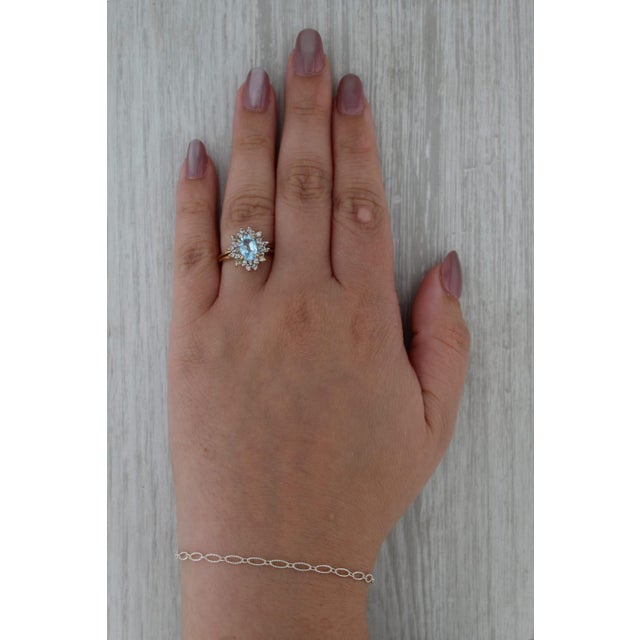 Blue Mid 20th Century 1.61ctw Oval Aquamarine Diamond Halo Ring 14k Yellow Gold Size 7.25 For Sale - Image 8 of 8