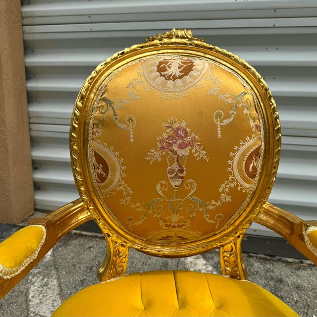 Yellow French Style Yellow Velvet Chairs With Gold Details- Set of 2 For Sale - Image 8 of 9