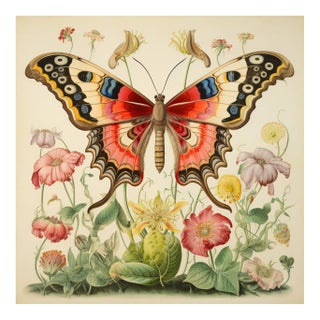 20' X 20' 'Butterfly and Flowers' Botanical Fine Art Print For Sale