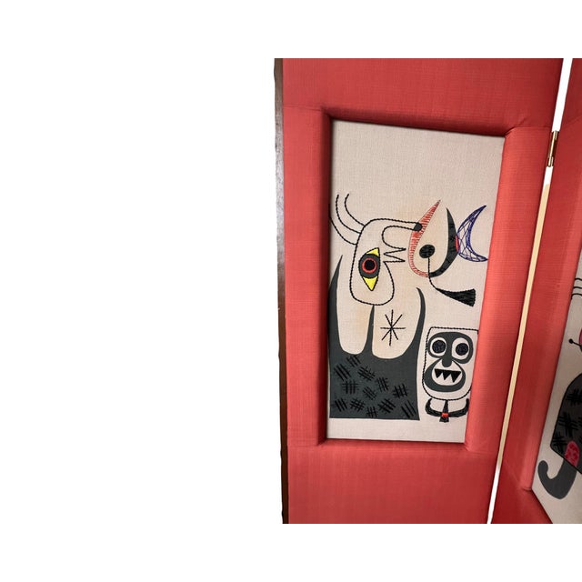 Vintage Mid Century Modern Needlepoint Joan Miro Style Small Room Divider Wall Art Faux Bamboo Abstract For Sale - Image 4 of 10