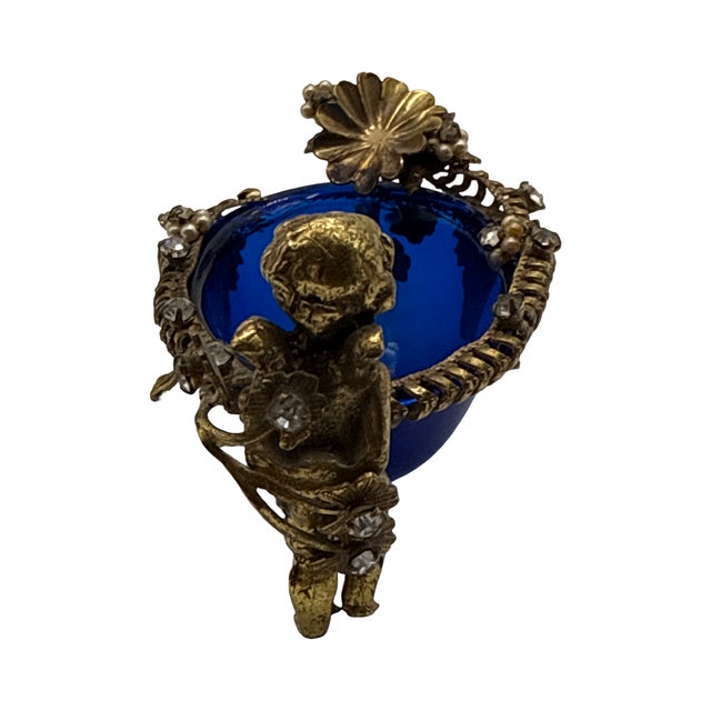 Antique Cherub Cobalt Glass Gilt Metal Vanity Dish For Sale - Image 4 of 15