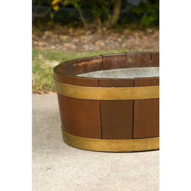 English 1870s Oval Oak Planter or Wine Cooler with Brass Braces and Liner For Sale - Image 12 of 12