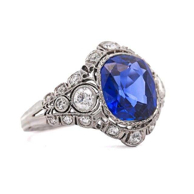 AGL and Gubelin certified no-heat 4.02 carat cushion cut Ceylon sapphire set in vintage platinum Art Deco original...
