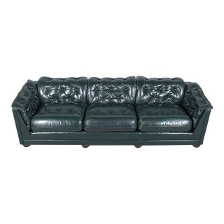 1960s Vintage Green Chesterfield Leather Sofa: Expertly Restored With Dark Emerald Finish For Sale