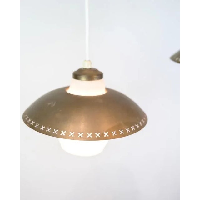 Vintage 3-Arm Ceiling Pendant in Opal Glass and Brass by Bent Karlby, 1950s For Sale - Image 3 of 13
