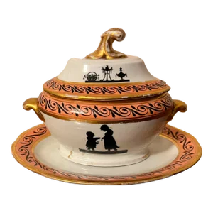 Antique Early 19th Century Coalport Porcelain Sauce Tureen and Platter Decorated With Neoclassical Silhouettes