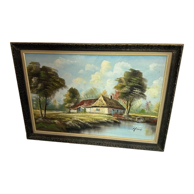 Very Large Landscape With Cottage by River Signed Hans Oil on Canvas For Sale