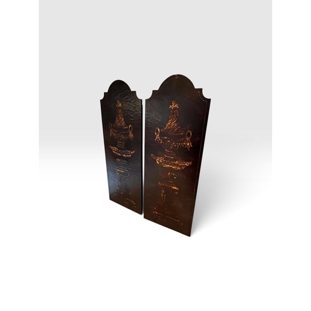 1970s Vintage Monumental Empire Revival Black Lacquer & Gilt Urn Wall Panels – Pair For Sale - Image 5 of 8
