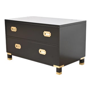 Baker Furniture Hollywood Regency Black Lacquered Campaign Commode or Chest of Drawers, Newly Refinished For Sale