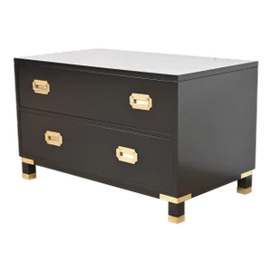 Baker Furniture Hollywood Regency Black Lacquered Campaign Commode or Chest of Drawers, Newly Refinished
