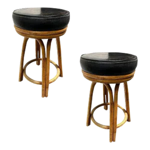 1950s Restored Rattan Double Stand Arched Barstool With Black Naugahyde Seats- a Pair