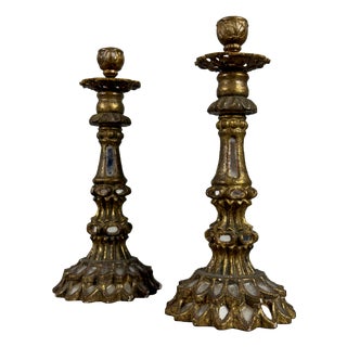 Antique Candlesticks in Gilded Wood, Brass, Mirrored Glass, Set of 2 For Sale