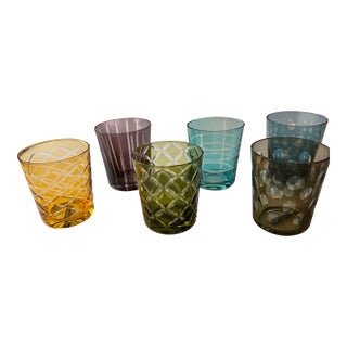 Set of 6 Polspotten Cuttings Glass Tumblers Set of 6 - Multicolor Sandblasted Art Glass For Sale