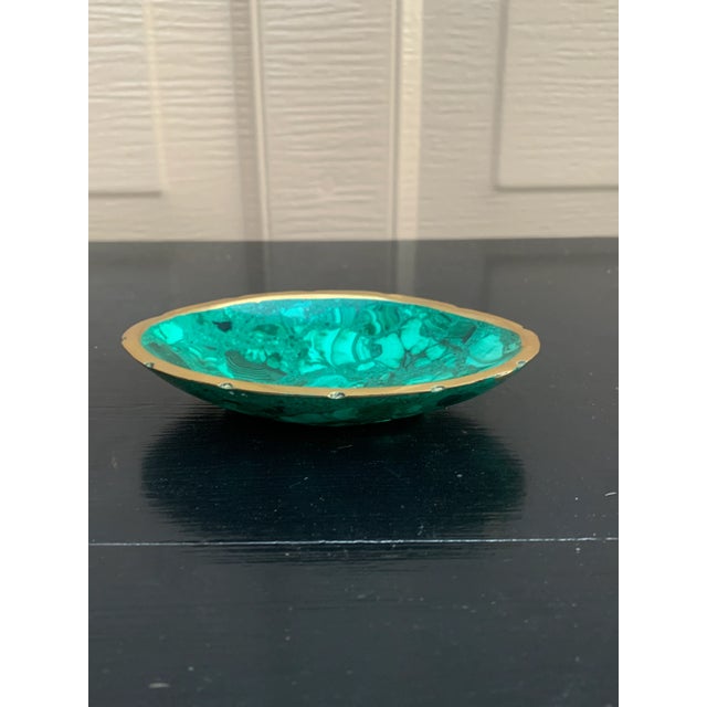 Metal Vintage Malachite Brass Rimmed Bowl For Sale - Image 7 of 9