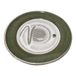 Mid 20th Century Vintage Stoneware Glazed Green & Gray Art Pottery Platter, Artist Signed For Sale