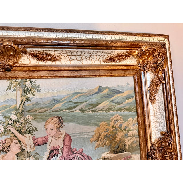 Rococo Vintage European Rococo-Style Jacquard Tapestry in Gilt Frame For Sale - Image 3 of 7