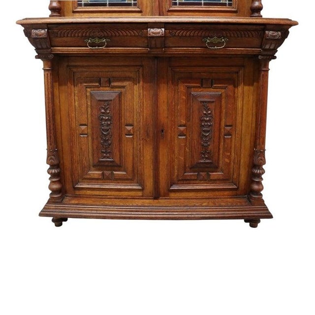 Continental Gothic Carved Oak & Stained Leaded Glass Court Cupboard C1900 For Sale - Image 11 of 17