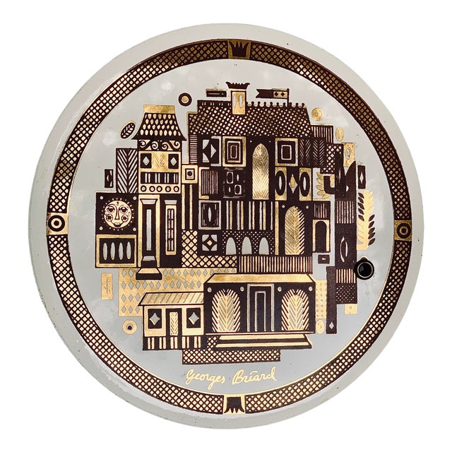 Vintage Mid-Century Modern Georges Briard Raised Gold on Porcelain Trivet For Sale