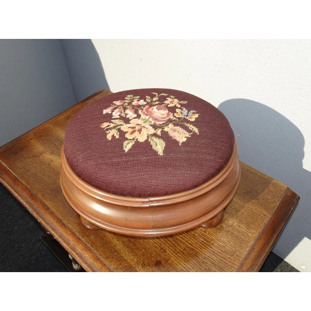 Footstool - Vintage French Country Burgundy Floral Needlepoint Petite Footstool For Sale - Image 11 of 13
