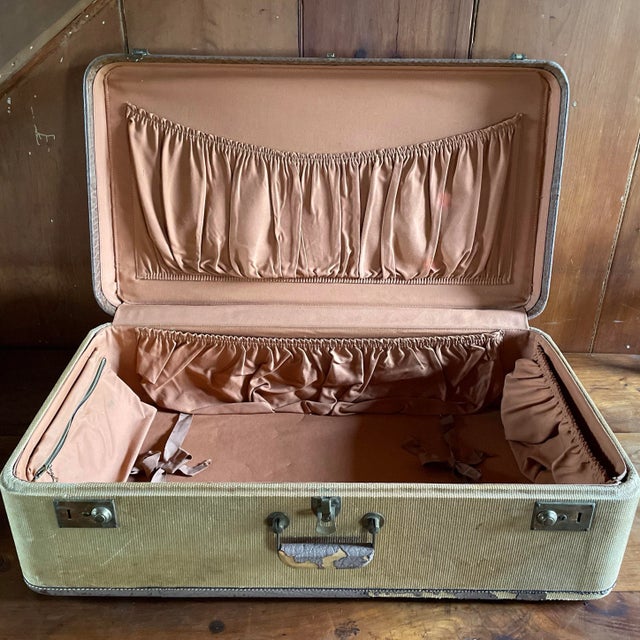 Metal Viintage Suitcase Brown Woven Tweed and Leather Trim For Sale - Image 7 of 10