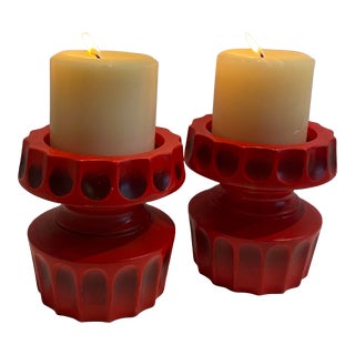 Mid Century Modern Red Ceramic Candlesticks - a Pair For Sale
