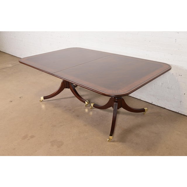 Brown Baker Furniture Stately Homes Georgian Banded Mahogany Double Pedestal Extension Dining Table, Newly Refinished For Sale - Image 8 of 14