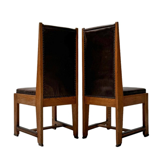 Brown Art Deco High Back Chairs in Leather, 1920s, Set of 4 For Sale - Image 8 of 12