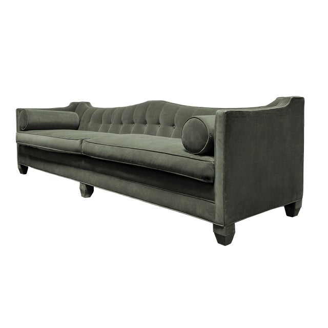 Scalloped Channel-Tufted Tuxedo Sofa - Sage Green Velvet - 107" For Sale - Image 4 of 4