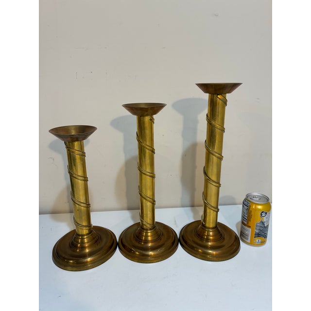 English Vintage Graduated Solid Brass Spiral Candlesticks, Set of Three, 12”, 14” & 16 For Sale - Image 3 of 9