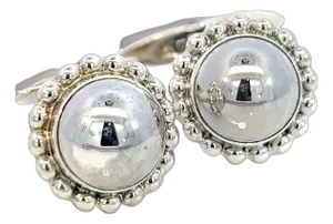 1990s Georg Jensen Estate Round Beaded Mens Cufflinks Silver, 2 Pieces