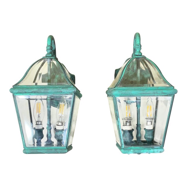 Pair of Vintage Solid Brass Lanterns- 14” H X 7”w X 10”d For Sale