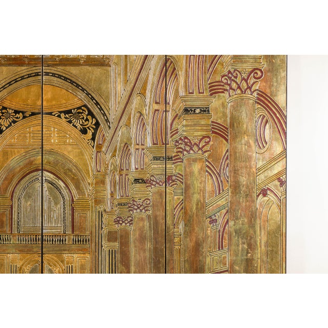 A Renaissance inspired four-panel gilded screen with Roman arches. Transform your living space into a haven of historical...
