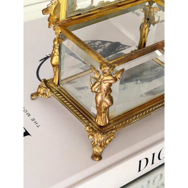Vintage or Antique French or French Style Jewelry Casket Box With Brass/Bronze Cherub Mount 5.5"x 3.75"x3 5/8" For Sale - Image 4 of 14