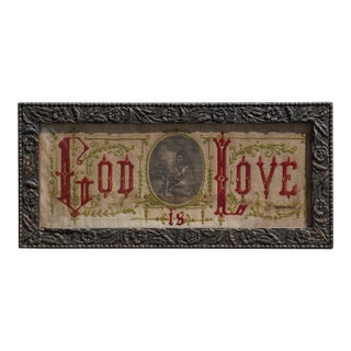 Antique Primitive "God Is Love" Needlepoint Sampler For Sale