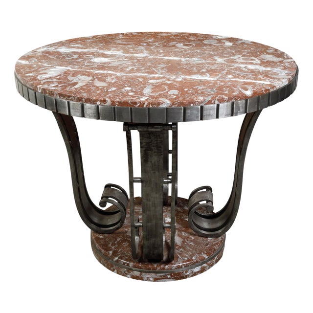 French Art Deco Wrought-Iron and Red Marble Center Table, Circa 1920 For Sale